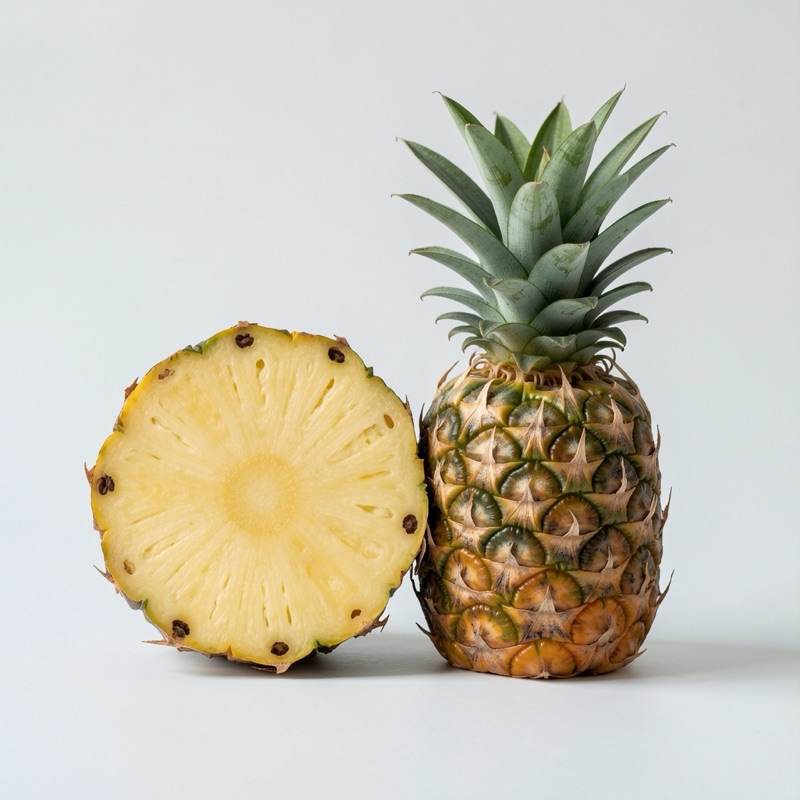 Ananás a citrusy vedľa fľaštičky doplnku na svetlom pozadí